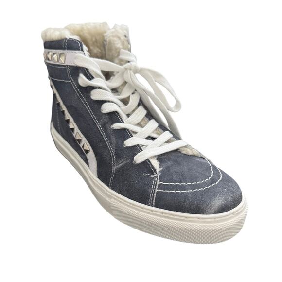 NEW Steve Madden Sneaker Suede Studded High Top Platform Faux Fur Blue Size 8.5 - Picture 2 of 11